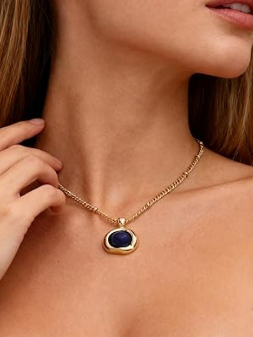 NEW Gold w Blue Stone Pendant Necklace for Women Chunky Gemstone Dangle